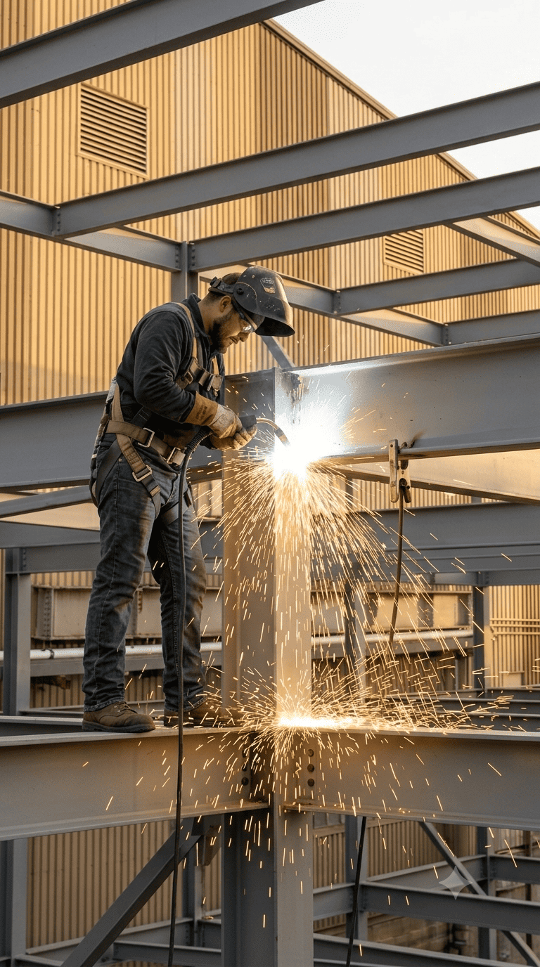 Professional steel worker wearing a hard hat and safety harness while standing on a structural steel beam at a construction site.
