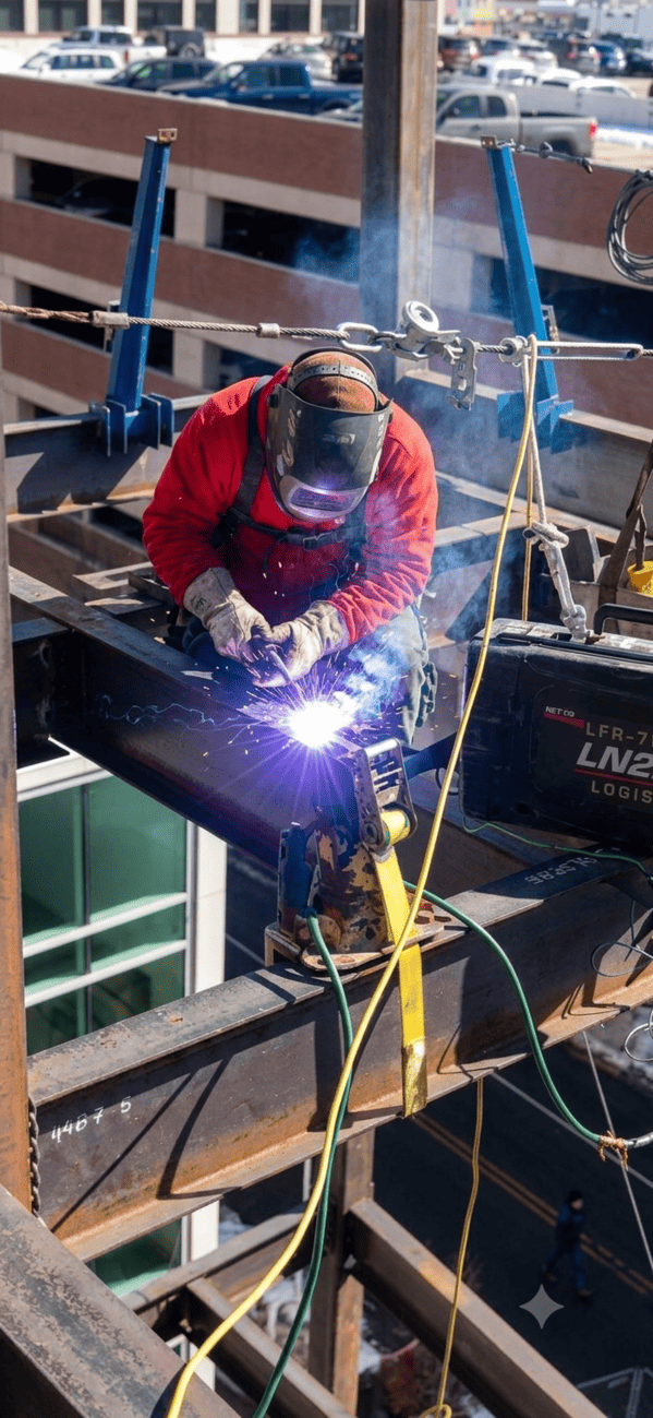 Welder performing metal welding with protective gear, surrounded by industrial elements including gears, shields, and fire, symbolizing quality craftsmanship.